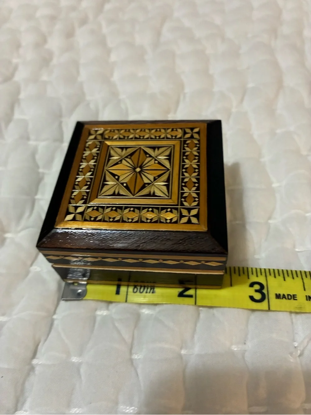 Handcrafted Vintage Russian Inlaid Wood Decorative Trinket Box Geometric Mosaic